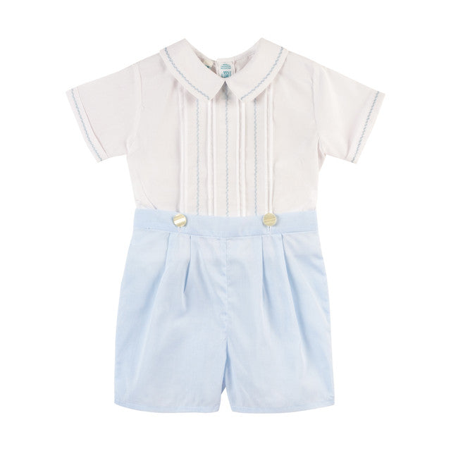 Boys Feathered Stitch Bobby Suit | White & Blue