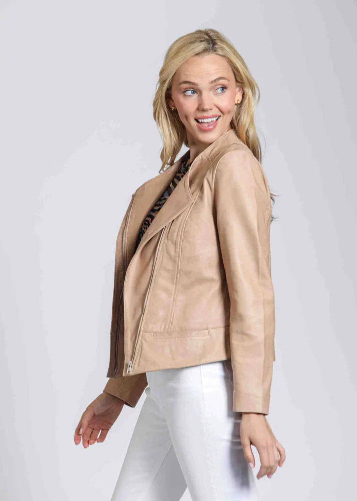 Collarless Lamb Leather Zip Up Jacket | Beige