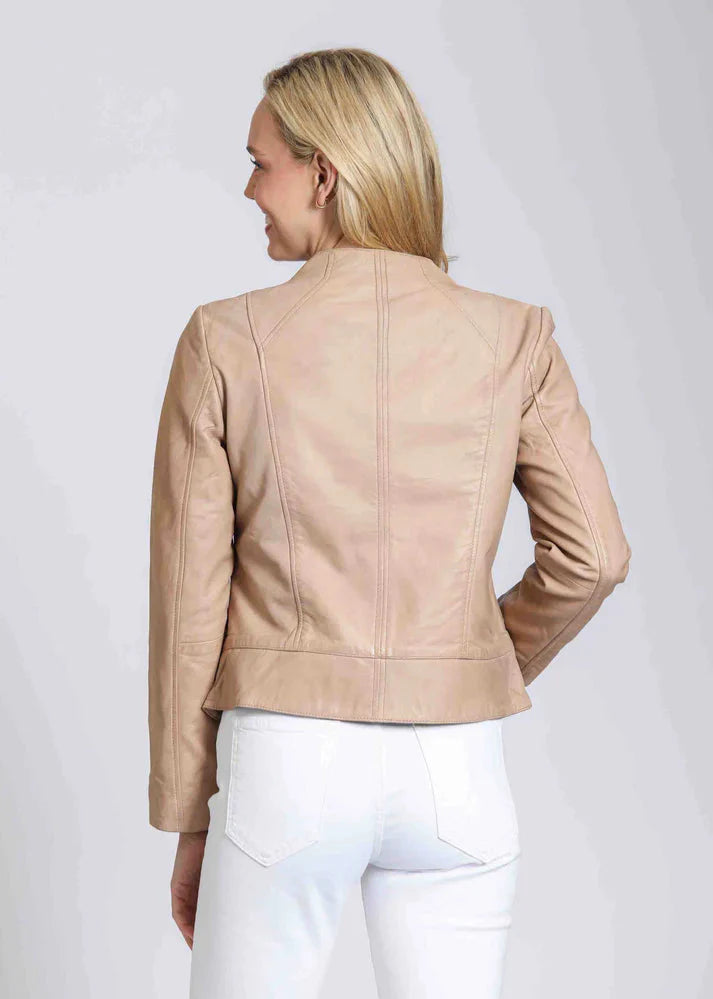 Collarless Lamb Leather Zip Up Jacket | Beige
