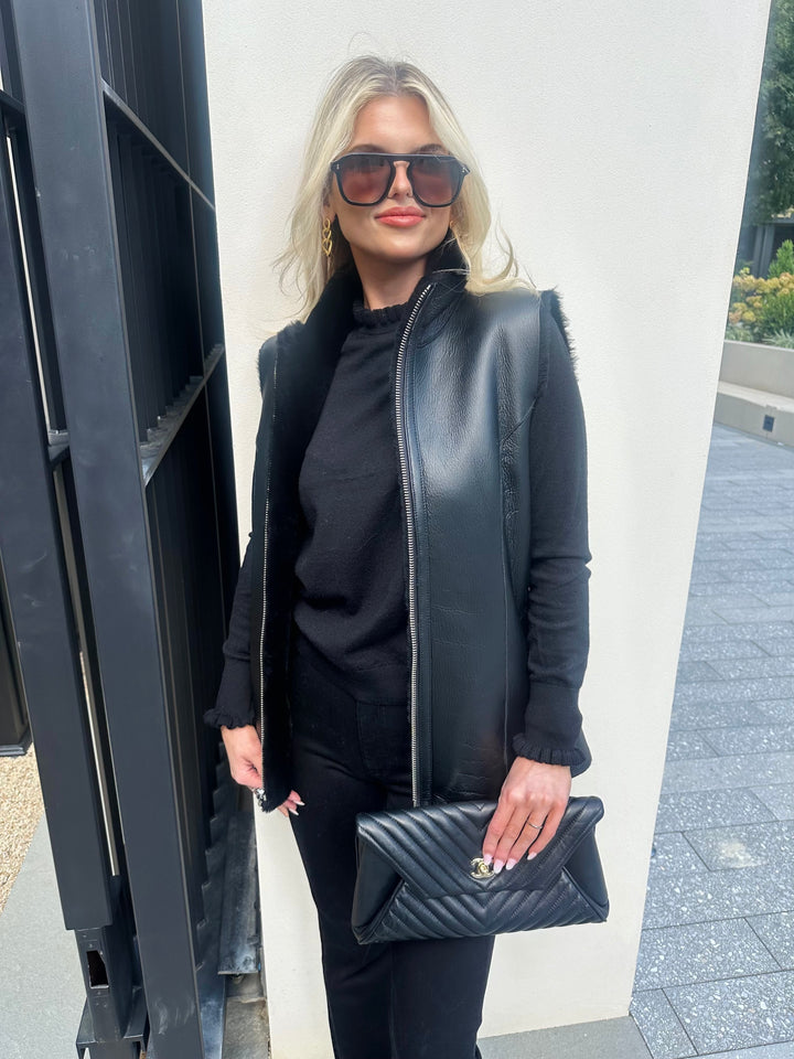 Linda Richards Genuine Shearling Reversible Vest | Black