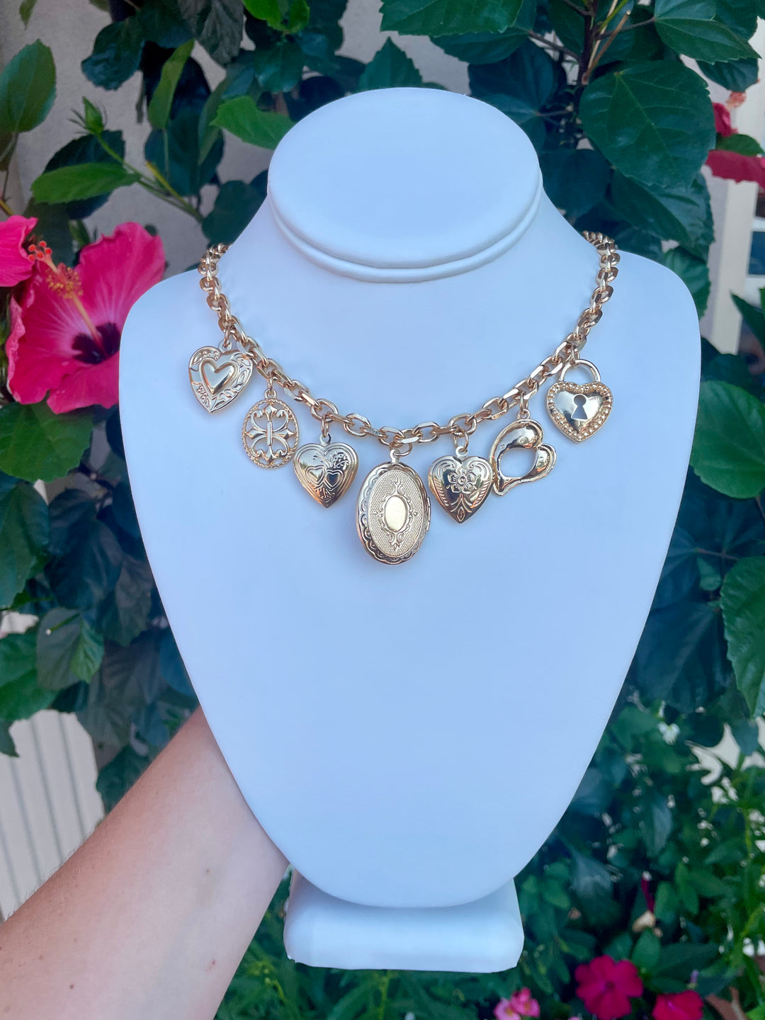Oval Locket & Heart Charm Necklace