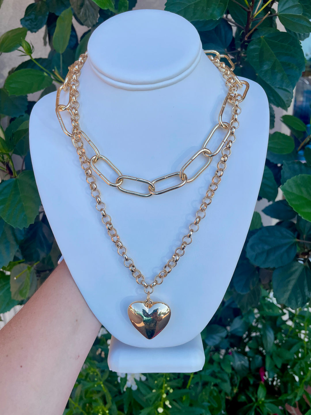 Puffed Heart Charm Paperclip Chain Layer Necklace