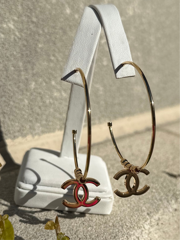 Large gold hoops with beads and CC Charm