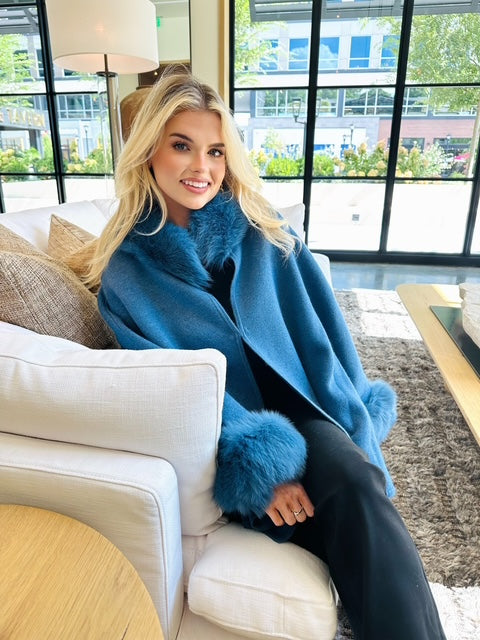 Linda Richards Genuine Fox and Wool Cape | Denim Blue