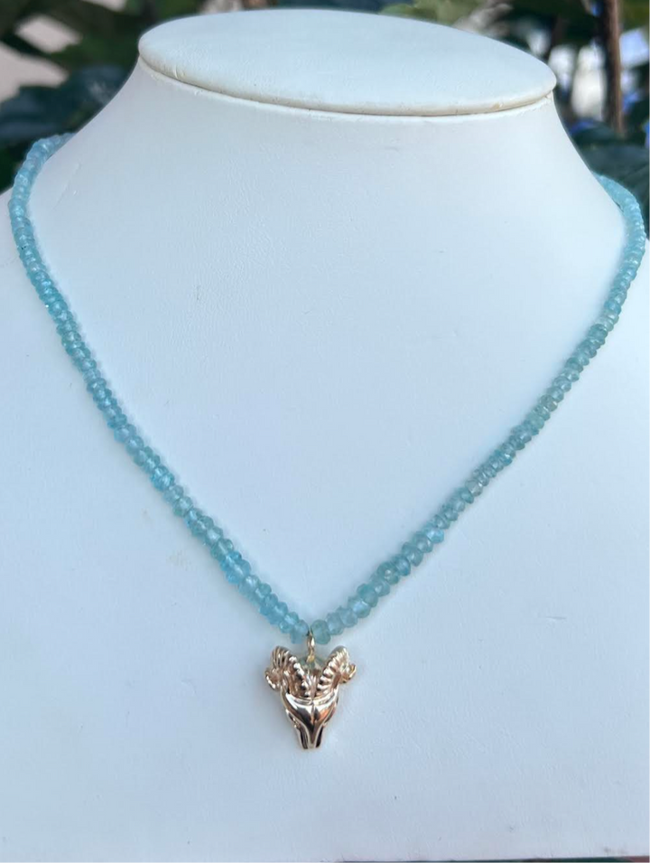 NZ8008 14kt Gold Aquamarine Beaded Necklace with Ram Charm