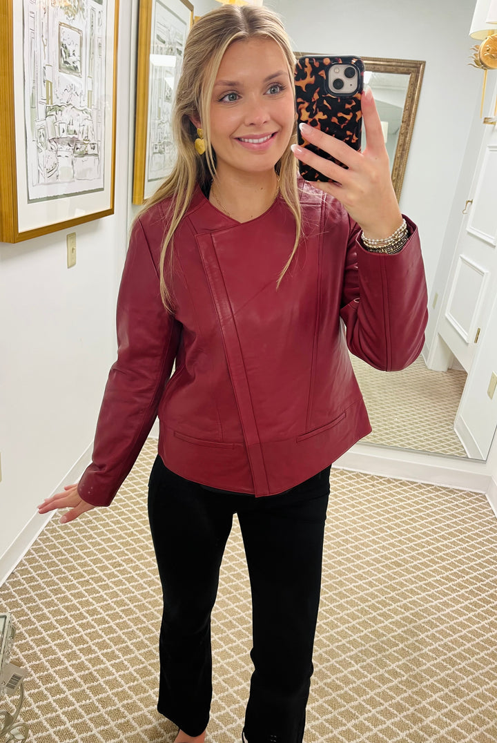 Collarless Lamb Leather Zip Up Jacket | Wine