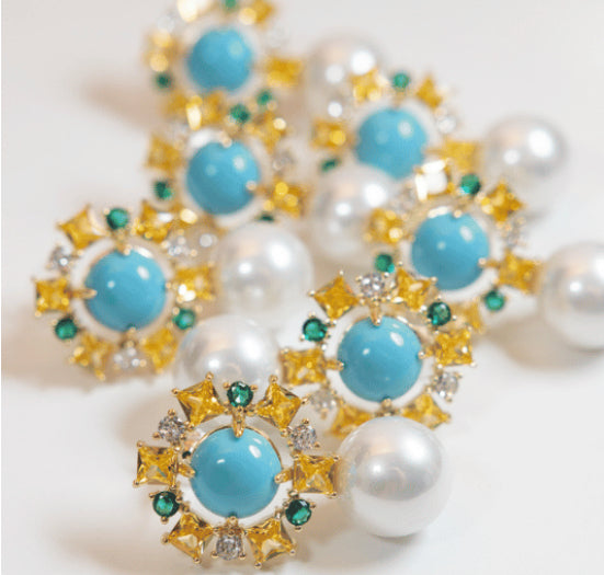 Palm Beach Glam Vintage Pearl and Turquoise Earrings