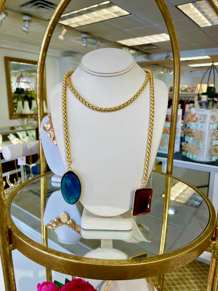 Nova Gold Lariat with Teal and Amber Crystals