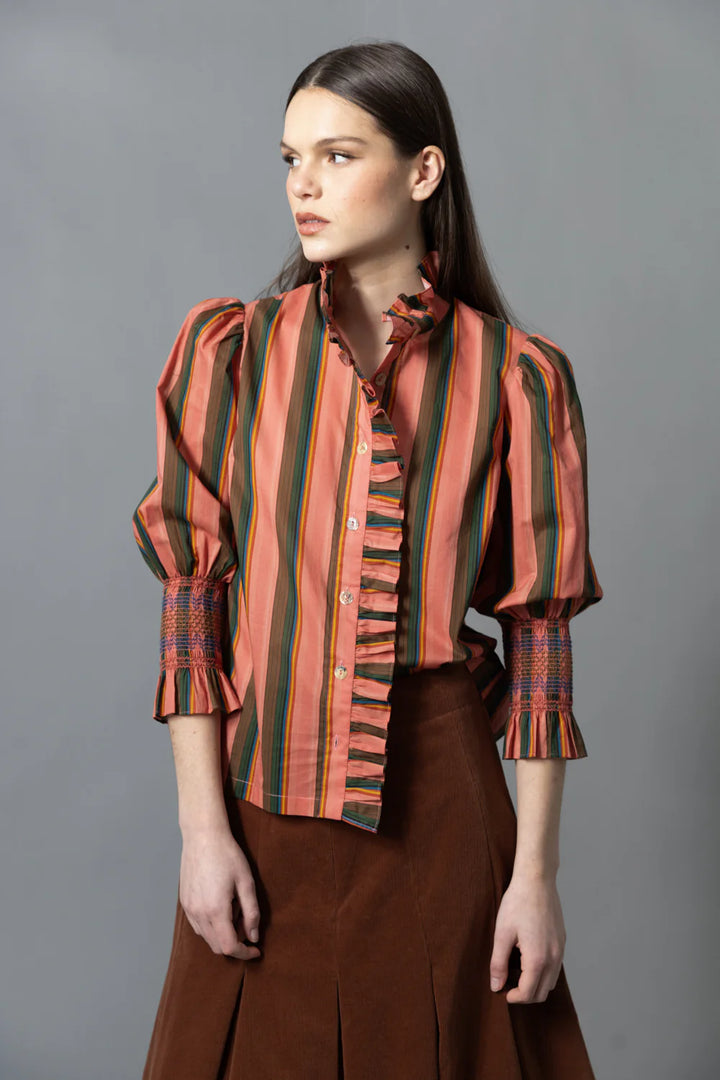 Frilled Button Down | Rose Multicolor Stripes