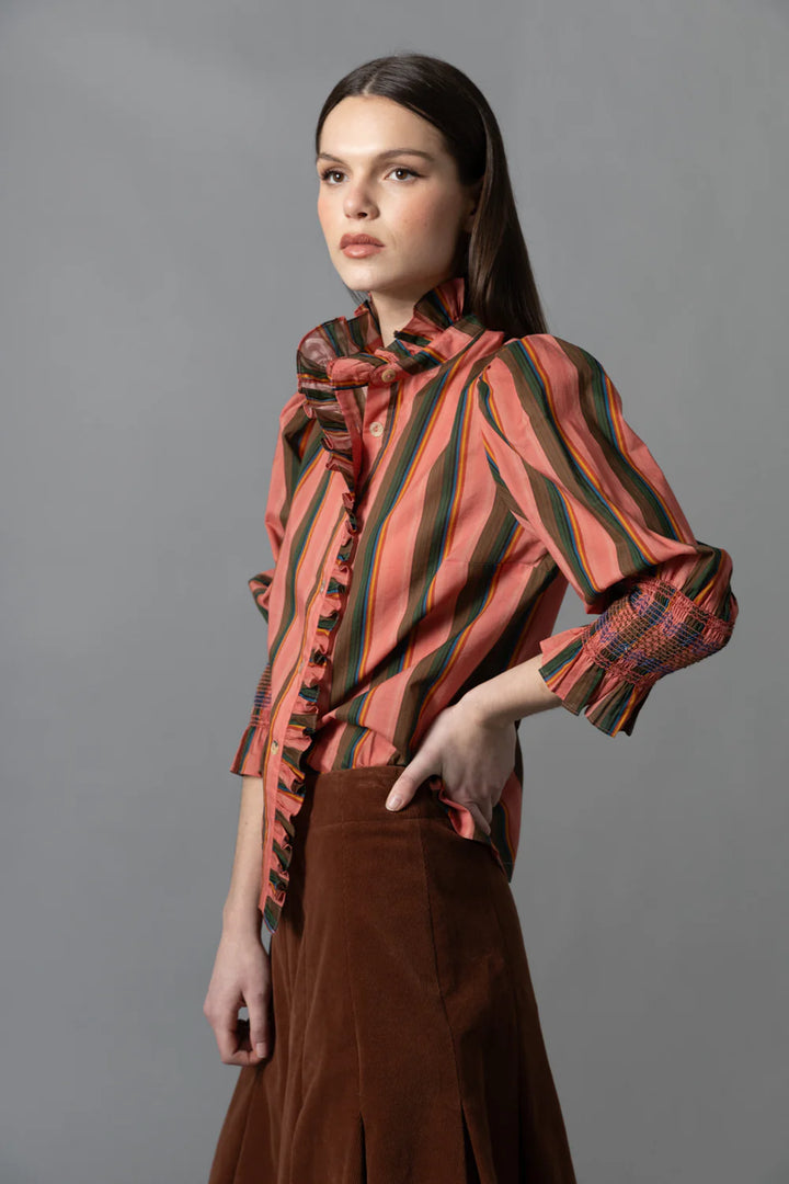 Frilled Button Down | Rose Multicolor Stripes