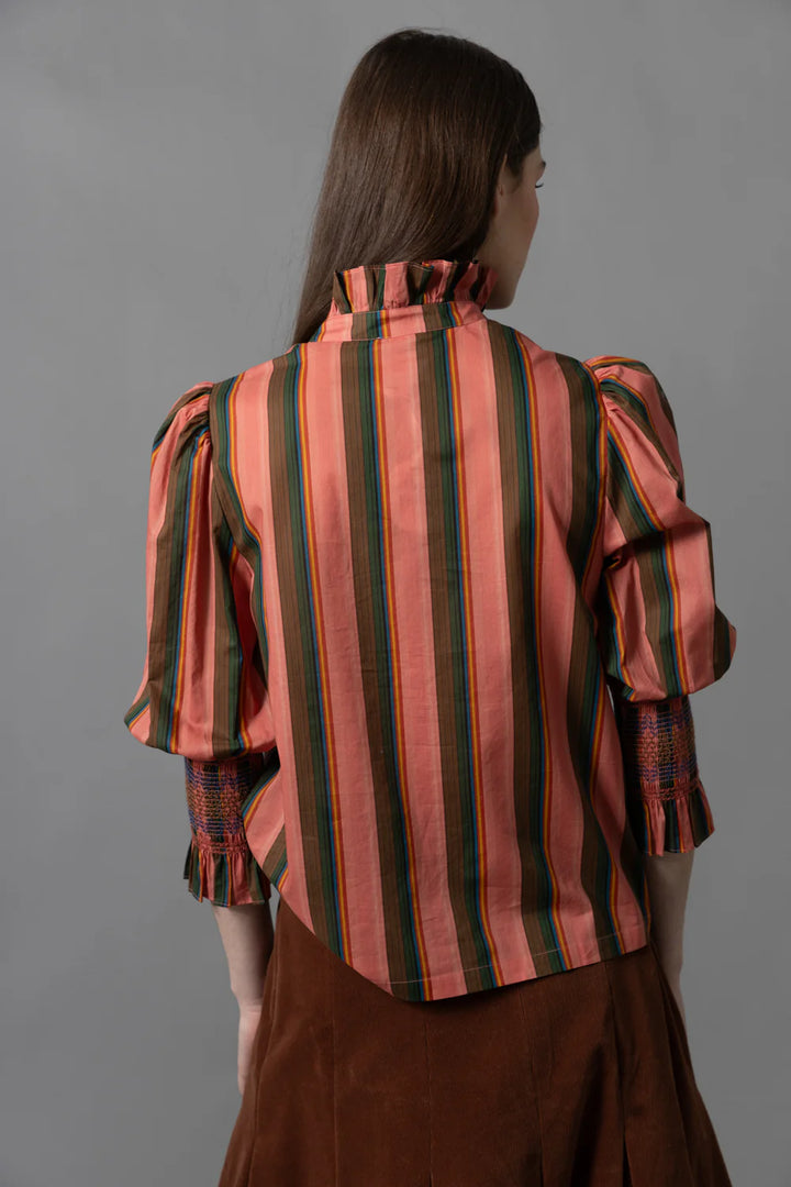 Frilled Button Down | Rose Multicolor Stripes
