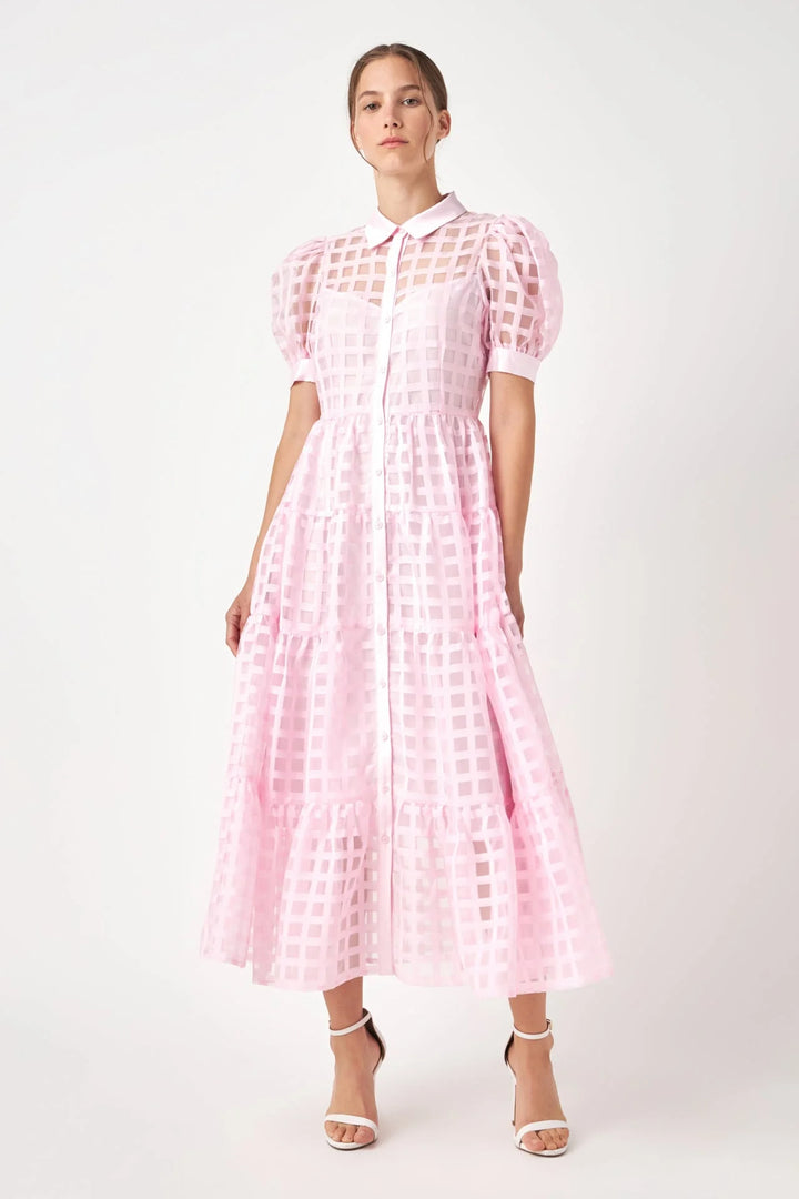Gridded Organza Tiered Maxi Dress | Baby Pink