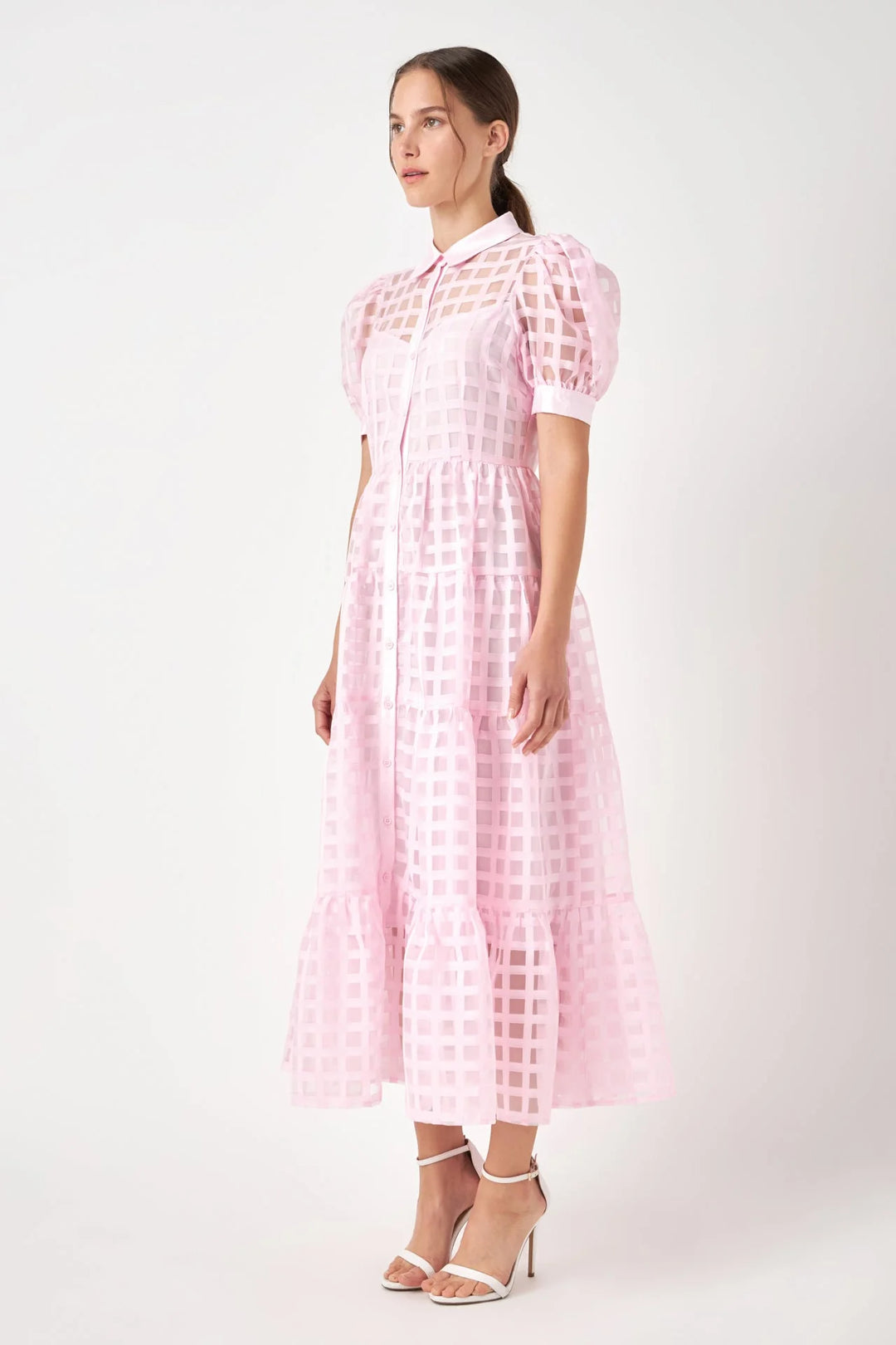 Gridded Organza Tiered Maxi Dress | Baby Pink