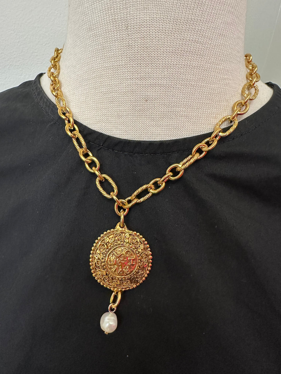 Gold Paperclip Chain with Gold Circular CC Charm + Pearl