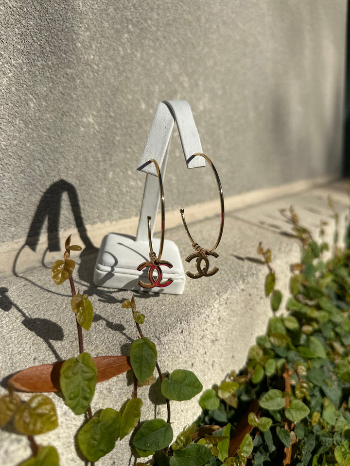 Large gold hoops with beads and CC Charm