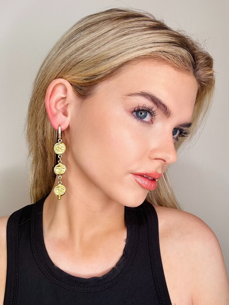 Three CC Coin Drop Earrings