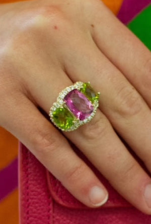 RZ3072 14kt Gold Ring with Pink topaz & Peridot with .56cts Dia