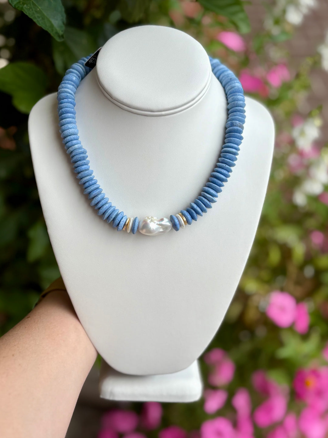 Blue Bead + Pearl Necklace