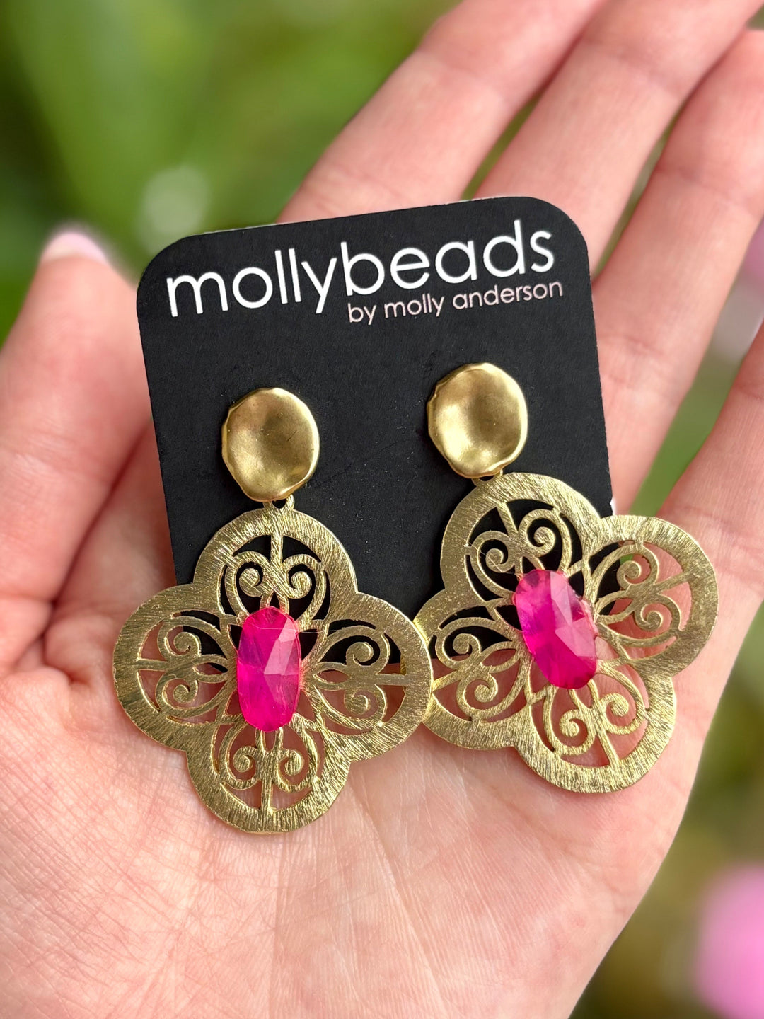 Gold Filigree + Pink Stone Earrings