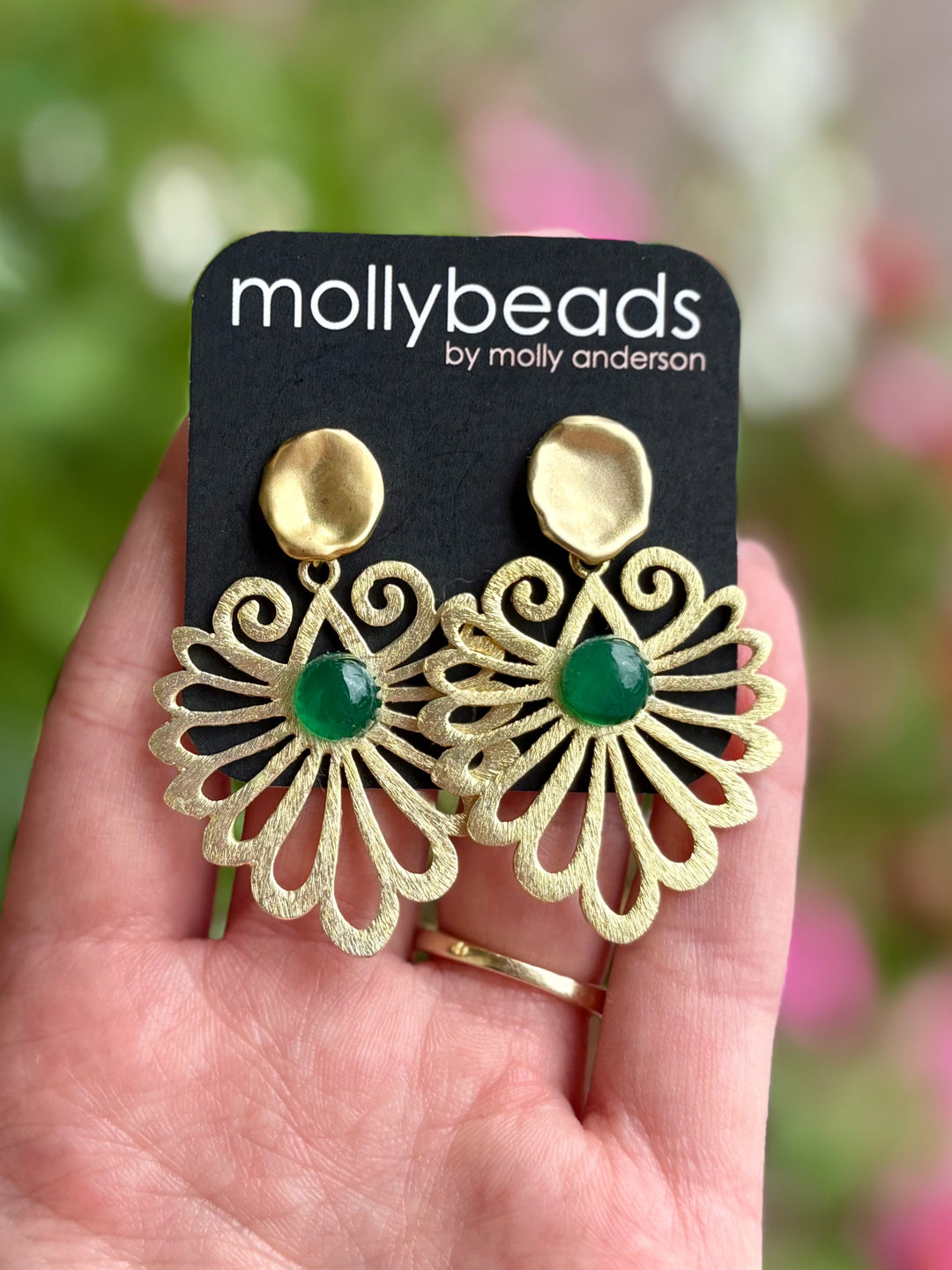 Gold Filigree + Green Stone Earrings