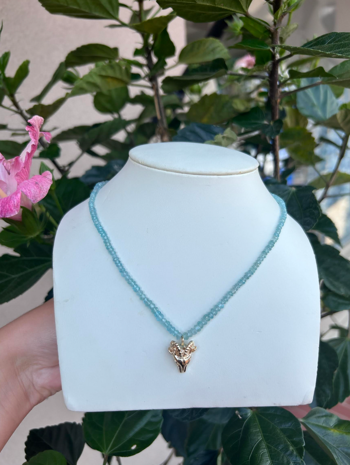 NZ8008 14kt Gold Aquamarine Beaded Necklace with Ram Charm