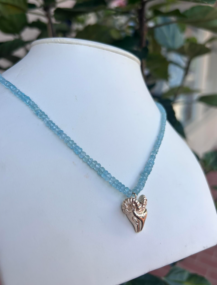 NZ8008 14kt Gold Aquamarine Beaded Necklace with Ram Charm