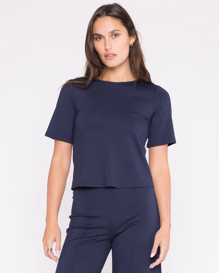 Ponte Knit Short Sleeve Top Extended | Navy