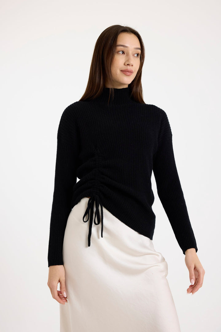 Rouched High Neck Sweater | Black