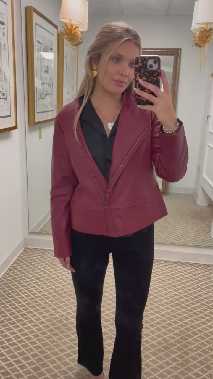 Collarless Lamb Leather Zip Up Jacket | Wine