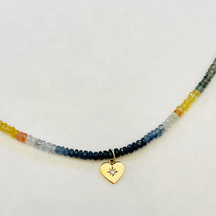 Delicate Rainbow Sapphire Necklace & Heart Charm