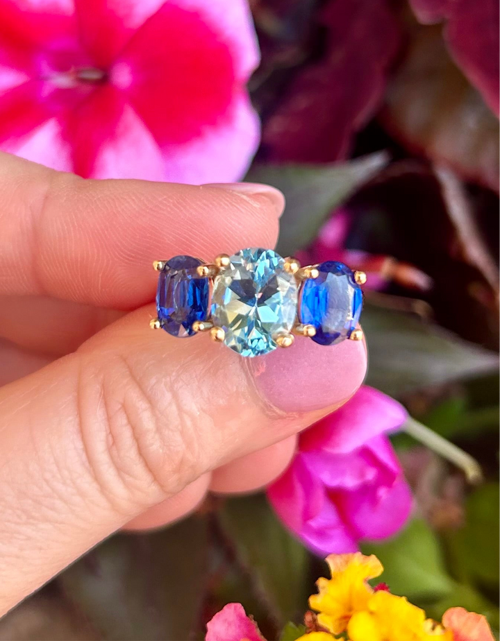 14kt 3 Stone Ring with Sky Blue Topaz & Kyanite
