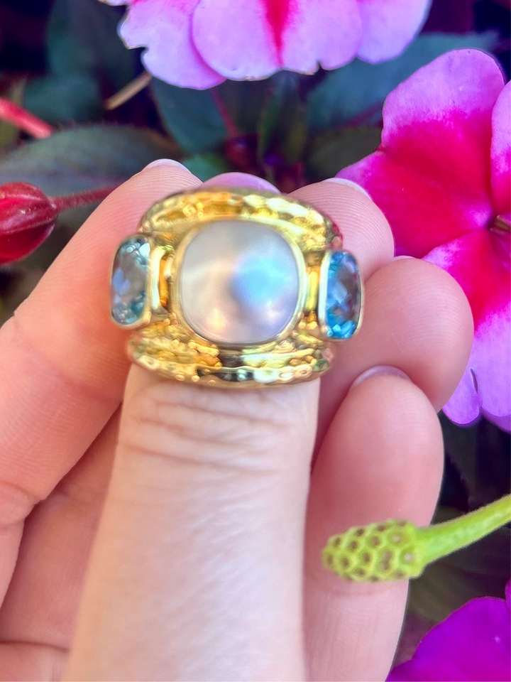 14kt Mabe Pearl Sky Blue Topaz Ring