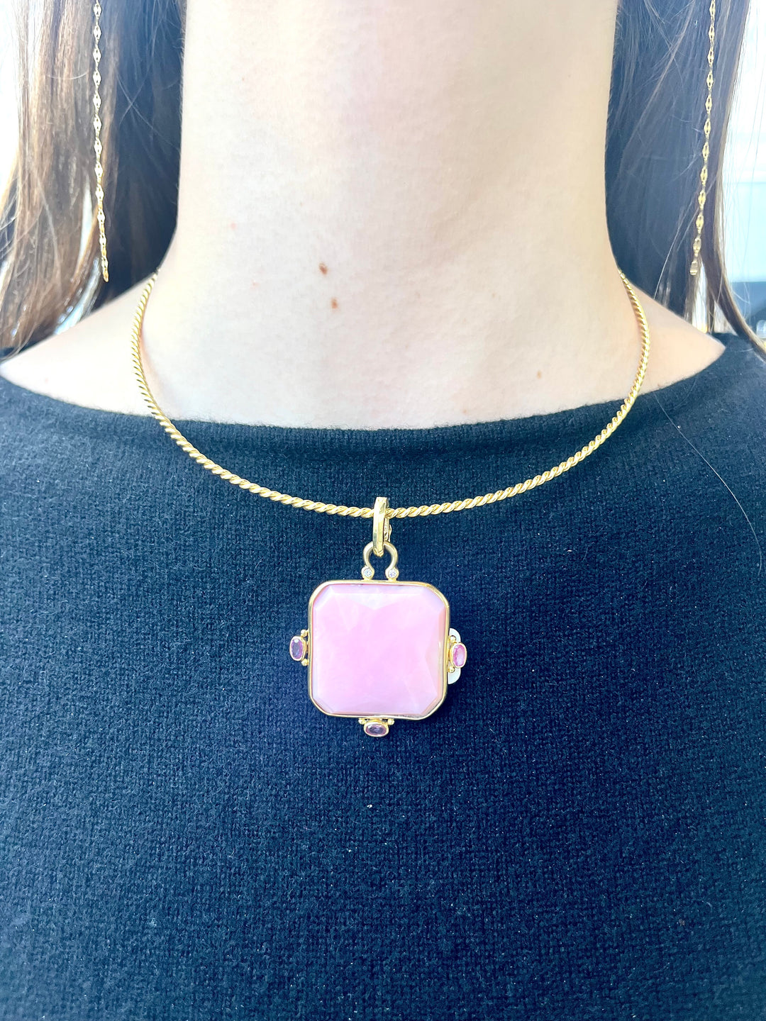 14kt Pink Opal Pendant + 14kt Yellow Gold Wire Necklace