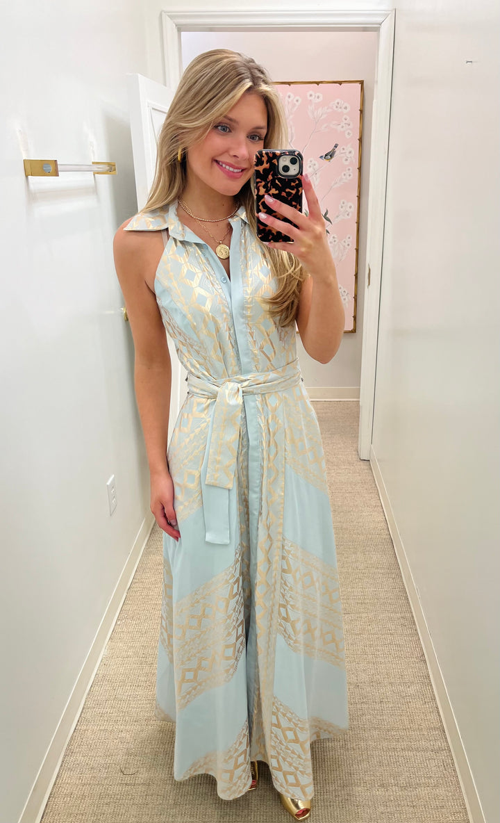 Sleeveless Halter Button Up Dress | Tribal Blue