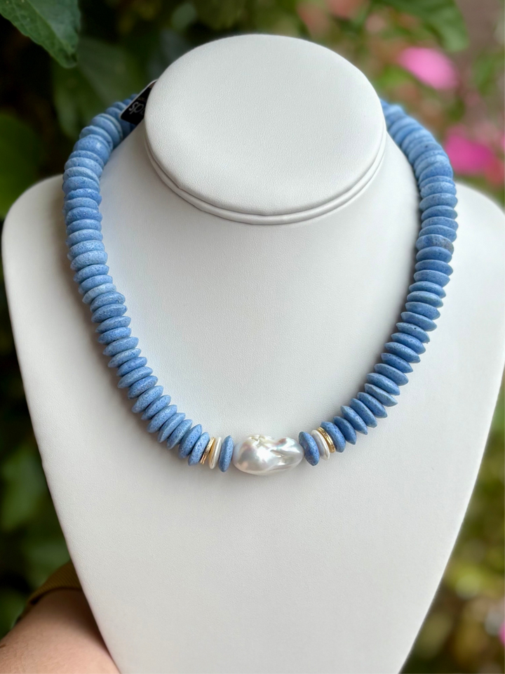 Blue Bead + Pearl Necklace