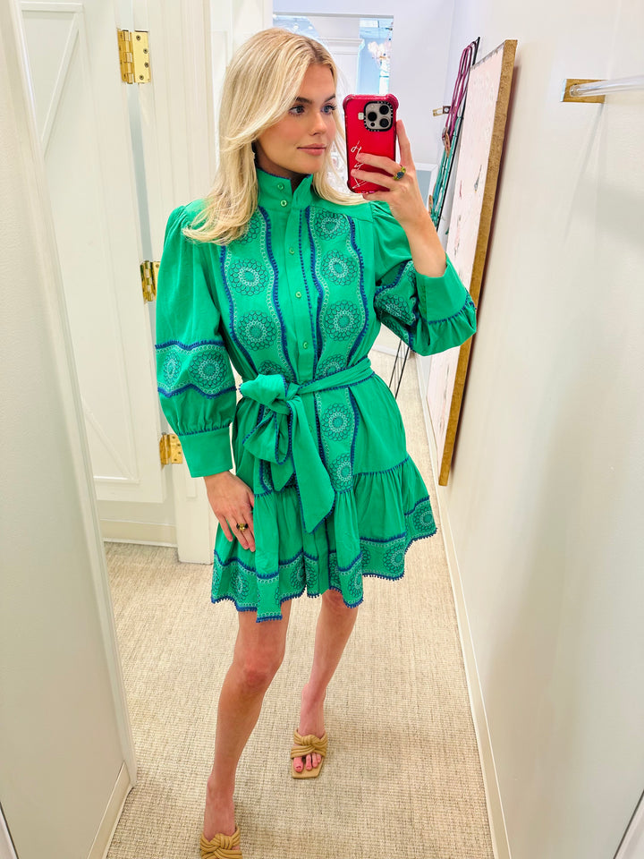 Christy Embroidered Skimmer Dress | Kelly Green
