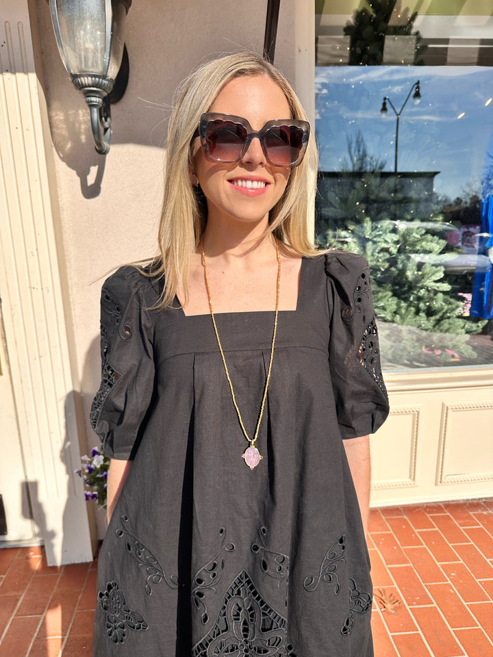 14kt Baby Rosa Venetian Glass Pendant + Gold Nugget Beaded Toggle Necklace