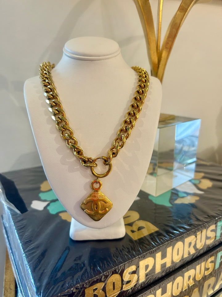Gold Thick Chain with Diamond Shape CC Charm