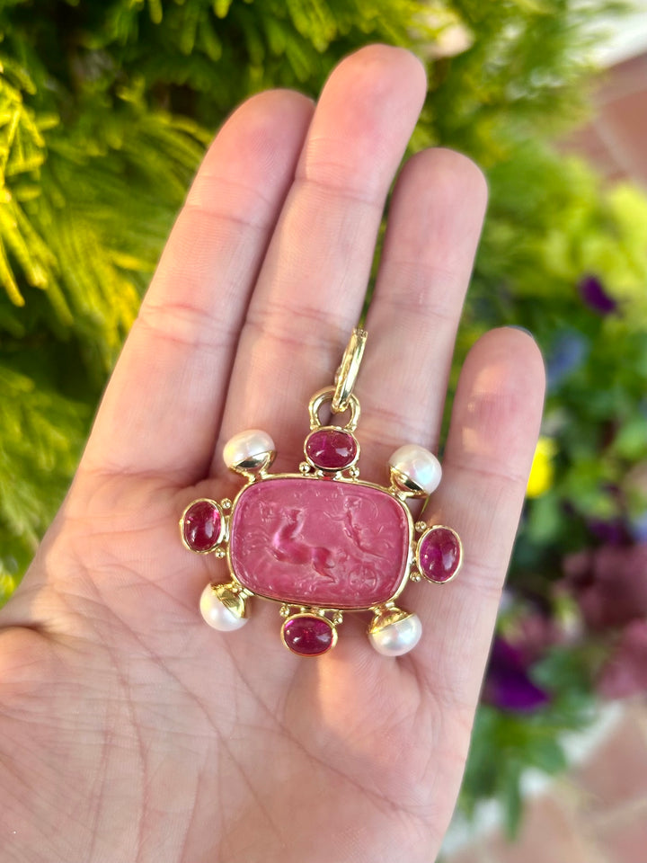 Rubalite Venetian Glass Pink Tourmaline, Pearl, 14k gold Pendant