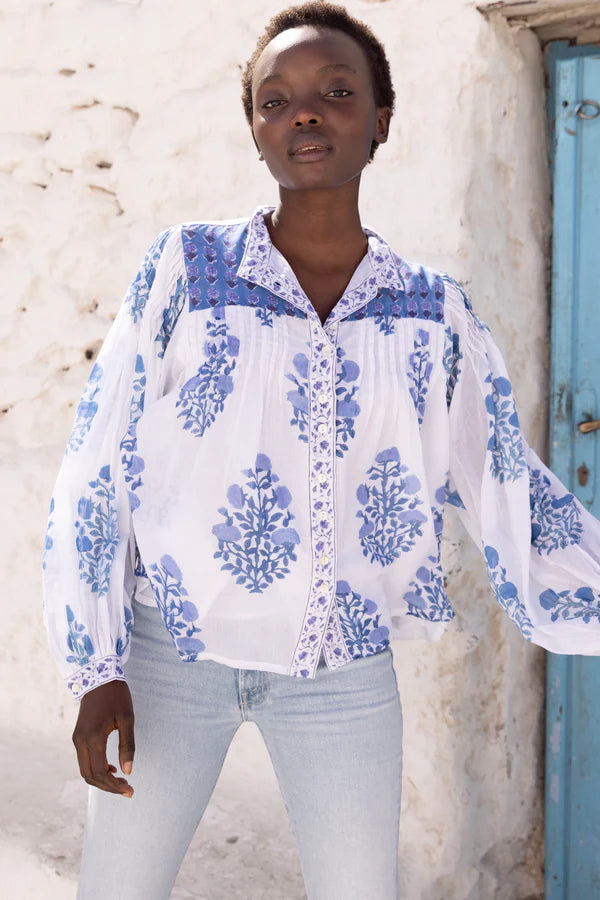 Mandarin Pintuck Blouse | Salvia Blue