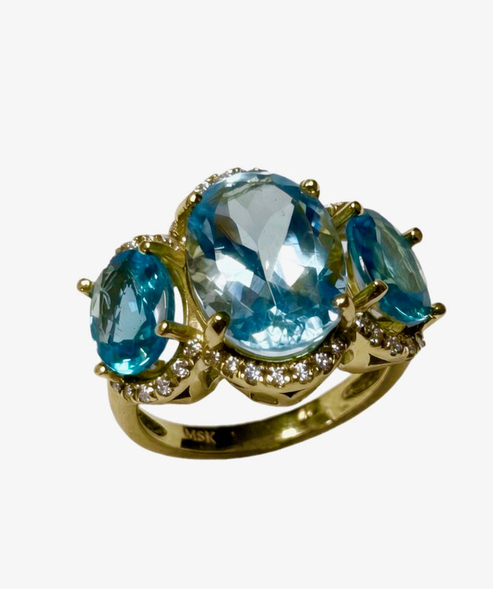 14kt Gold Ring with Blue Topaz Center, Apatite Sides & Halo of Diamonds