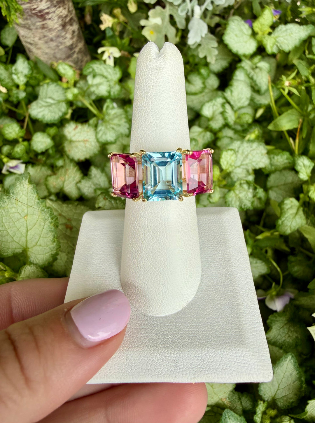 14kt Yellow Gold Blue Topaz + Pink Topaz 3 Stone Ring