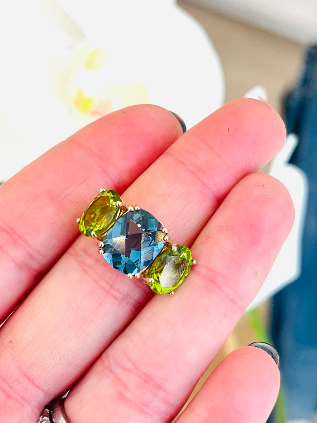 14k 3 Stone Blue Topaz + Peridot Ring