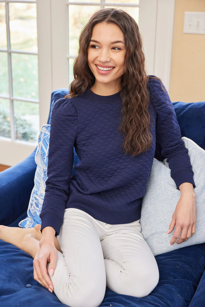 Quilted Puff Sleeve Sweatshirt | Navy