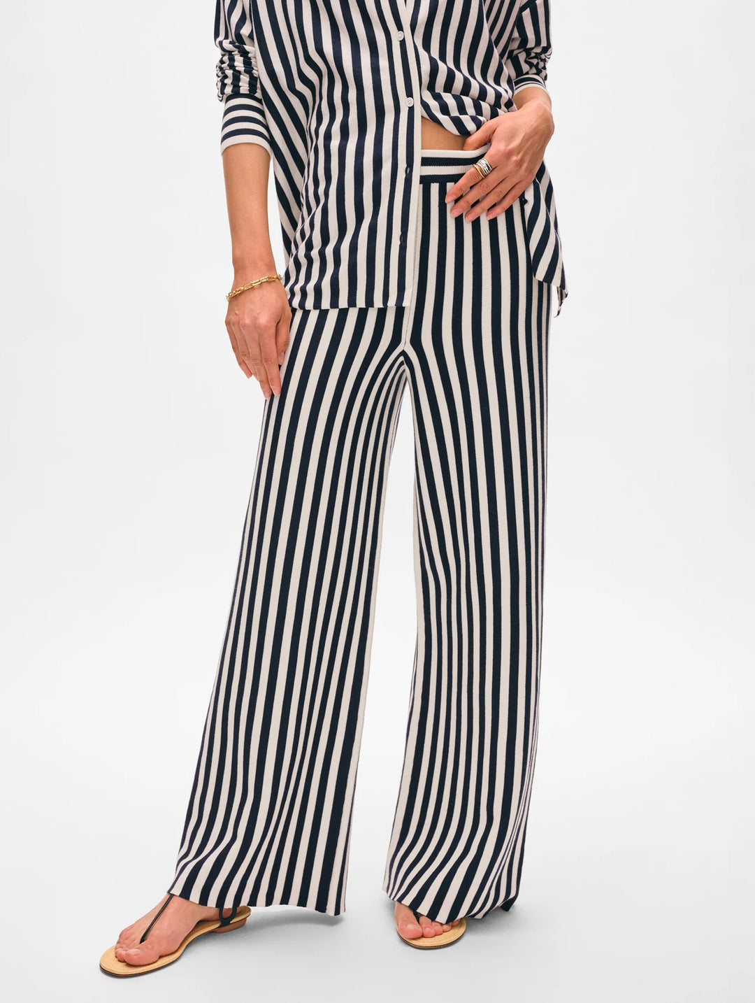 【WONDER WONDER】Sapper Stripe Wide Cotton Pants Superfine Organic Cotton Striped Wide Leg Pant | Navy