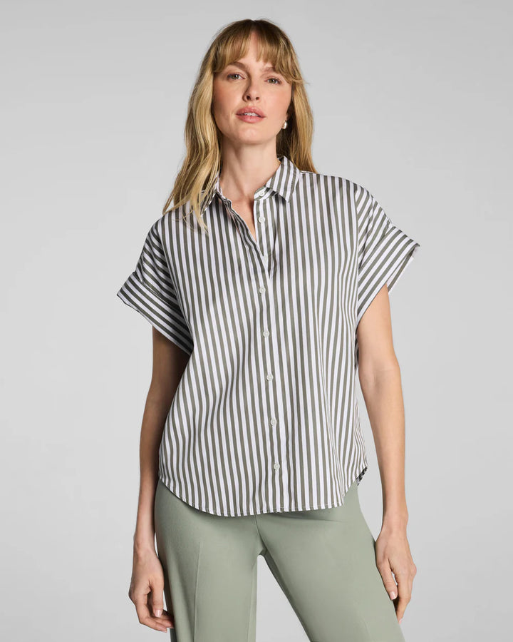 Oversized Short Sleeve Button Down | Frosted Moss Stripe