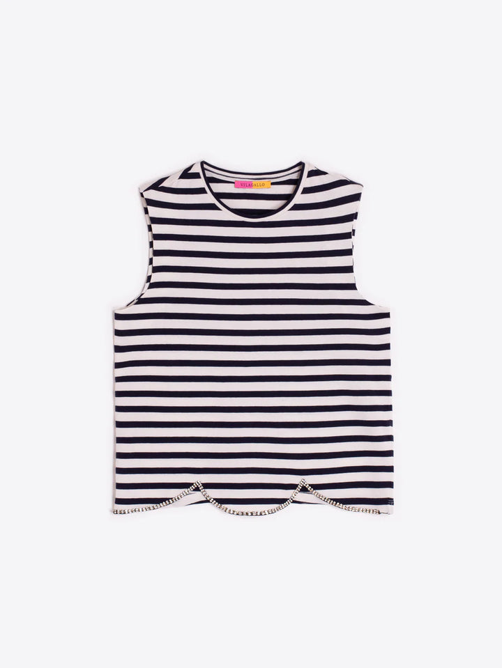 Sleeveless Top with Rhinestone Scallop Trim | +Colors