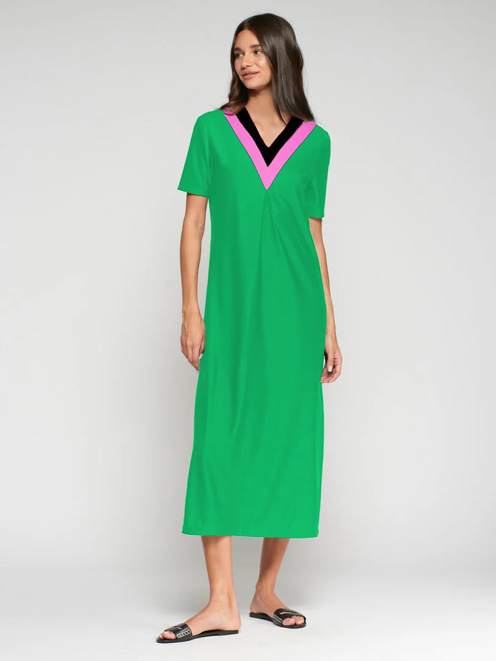 Long Dress with Contract V-Neck | Green