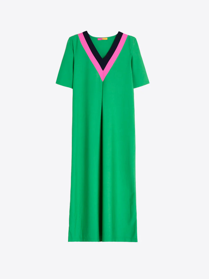 Long Dress with Contract V-Neck | Green