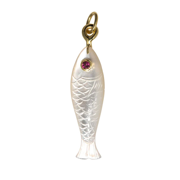 14kt Gold and Mother of Pearl + Pink Sapphire Fish Pendant